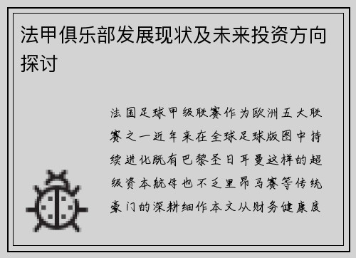 法甲俱乐部发展现状及未来投资方向探讨